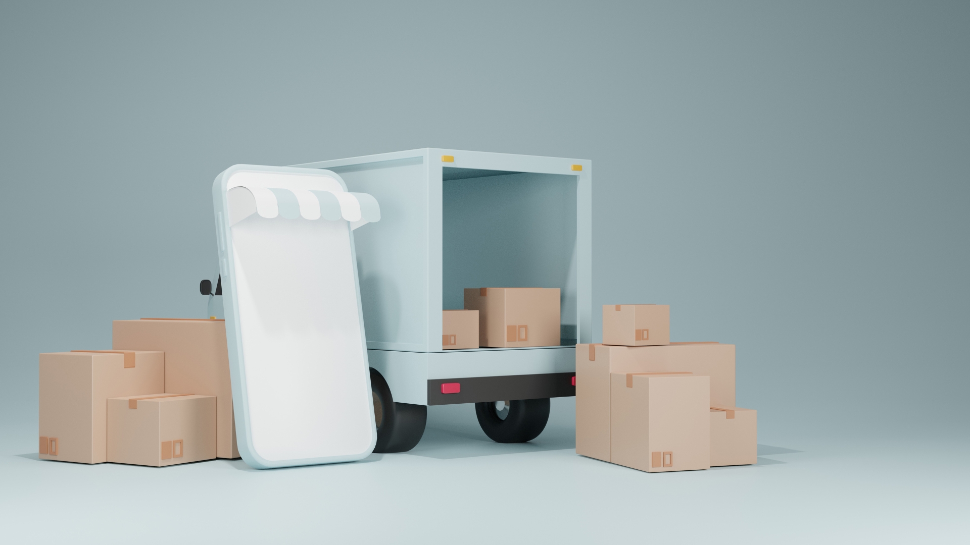 Graphic of a delivery van surrounded by cardboard boxes, highlighting logistics and shipping in eCommerce 