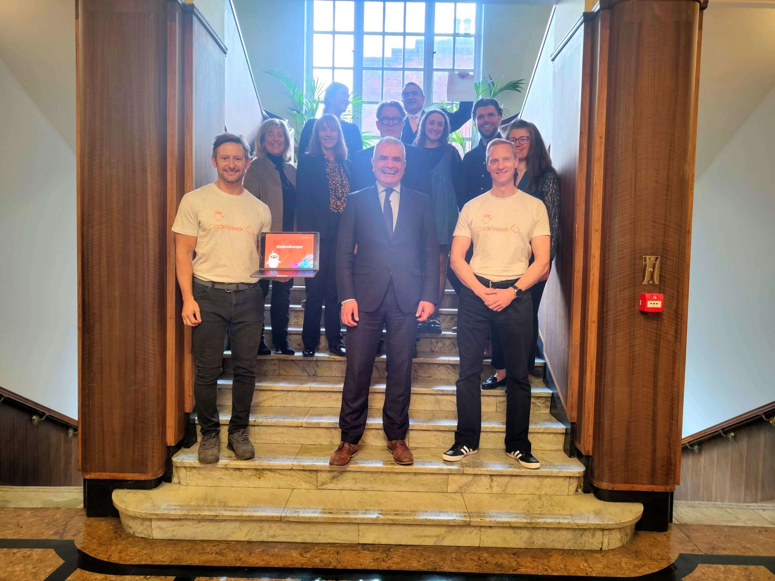 Group photo at staircase of Irish Minister of State Dara Calleary with representatives of the Irish Code4Europe Consortium in Dublin