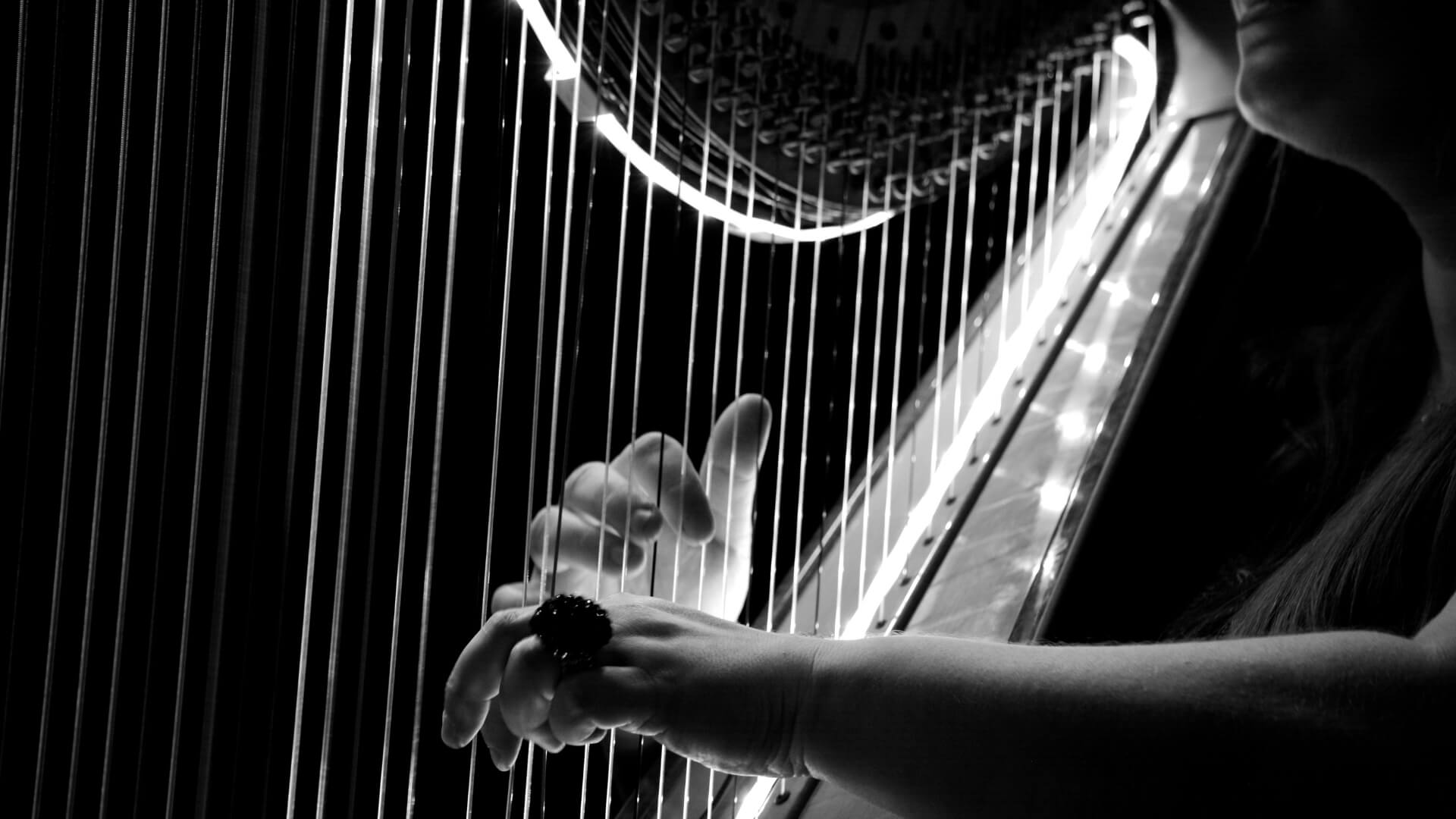 Close-up of a harpist's hand playing a harp